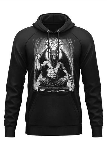 Schwarzer hoodie mit detailliertem schwarz-weißem baphomet-grafikdesign in gothischem horror-stil