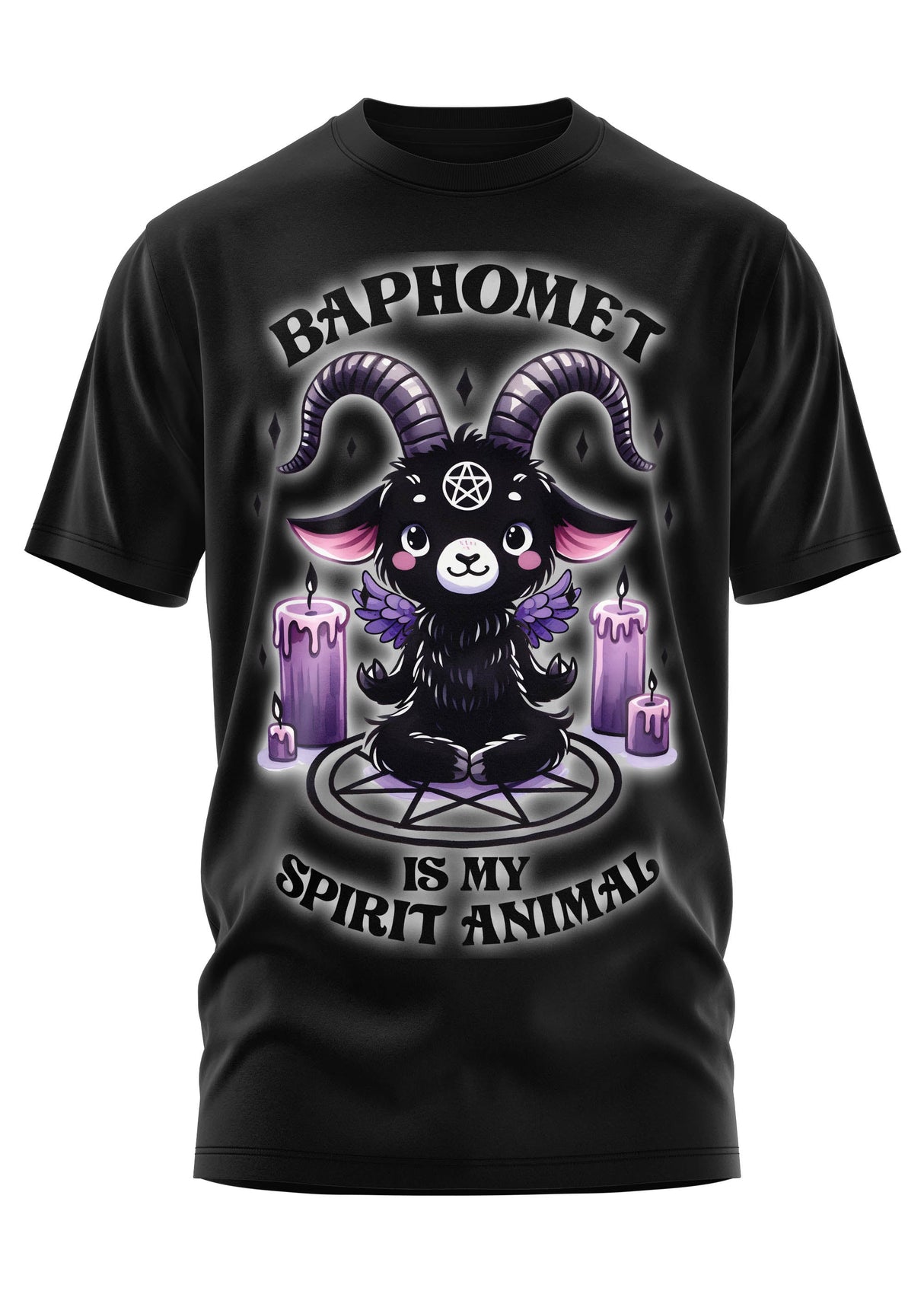 Schwarzes T-Shirt mit einem süßen Baphomet-Motiv.