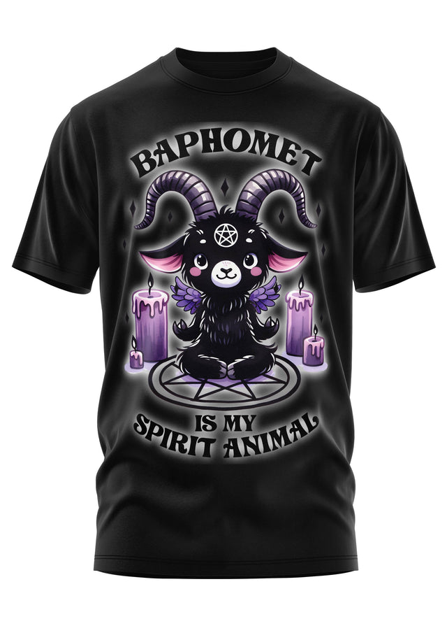 Schwarzes T-Shirt mit einem süßen Baphomet-Motiv.