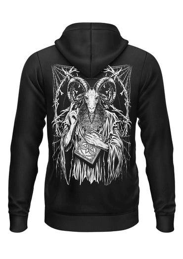 Schwarzer zip-up hoodie mit gothic baphomets feast backprint zeigt ziegenkopffigur mit buch und spinnennetzern