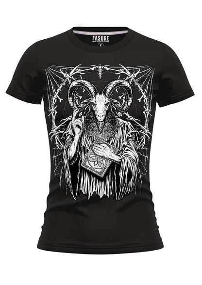 Schwarzes erasure damen t-shirt baphomets feast mit weißem line-art ziegenmotiv und strapazierfähigem stoff