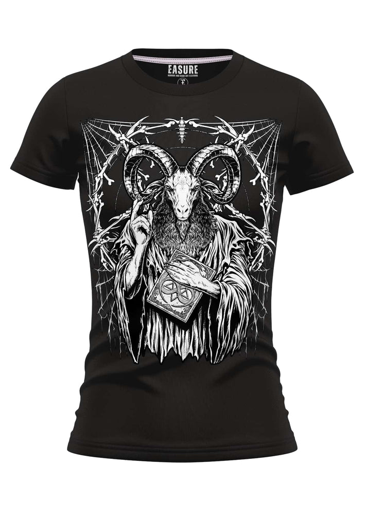 Schwarzes erasure damen t-shirt baphomets feast mit weißem line-art ziegenmotiv und strapazierfähigem stoff