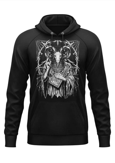 Schwarzer hoodie baphomets feast mit detaillierter weißer grafik einer ziegenkopffigur mit buch und gothic horror elementen