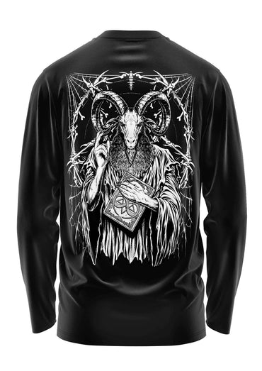 Schwarzes baphomets feast longsleeve aus strapazierfähigem stoff mit weißem ziegenkopf und detailreichem buchgriff