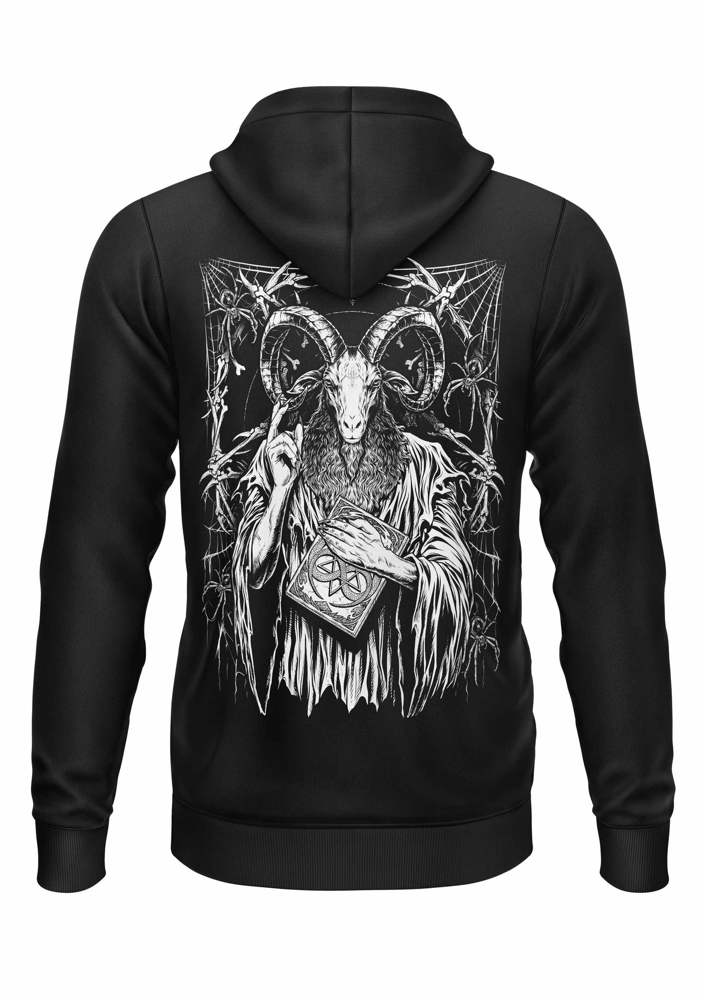 Schwarzer Gothic-Zipper-Hoodie Baphomets Feast mit Ziegenkopf-Grafik