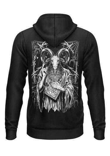 Schwarzer zip-up hoodie mit gothic horror grafik eines ziegenkopffigurs mit buch und ranken baphomets feast zipper