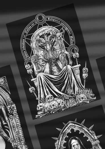 Schwarzweiß gothisches alu verbundplatten bild baphomets throne mit einer behelmten ziegenfigur und inklusive aufhängung