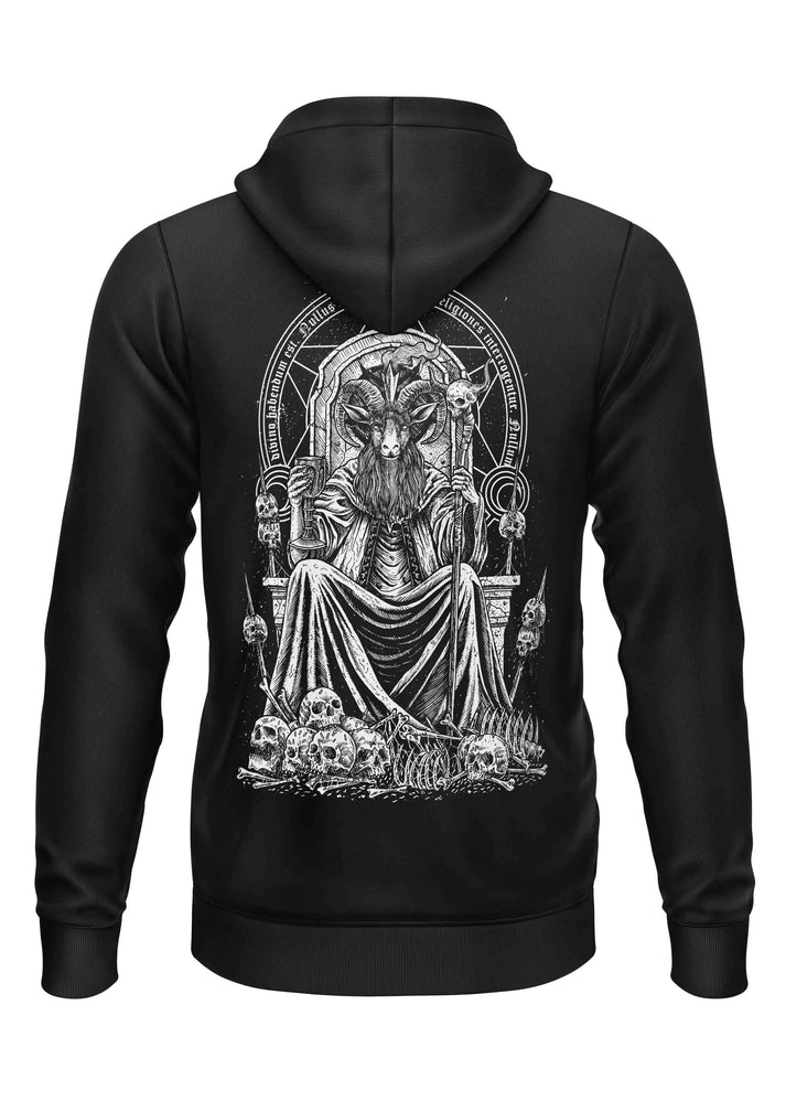 Schwarzer zip-up hoodie mit gothic horror bitte grafik eines ziegenköpfigen baphomet auf thron mit schädeln auf der rückseite