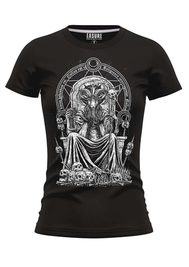 Schwarzes damenshirt baphomets throne mit weißem detailreichem grafikdruck auf strapazierfähigem stoff und weicher qualität