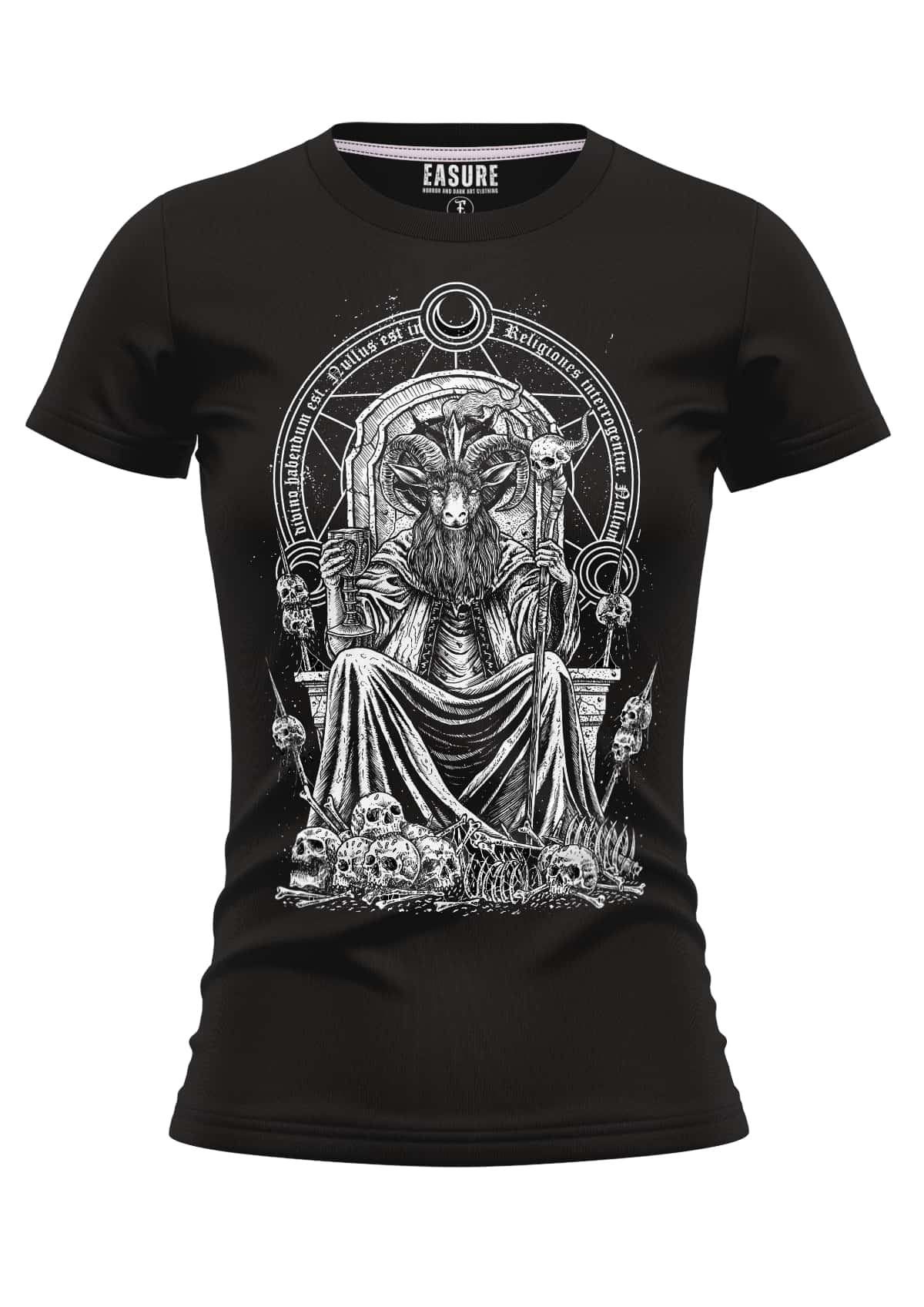 Baphomets Throne Girlieshirt: Schwarzes T-Shirt mit weißem Baphomet-Thron-Grafik