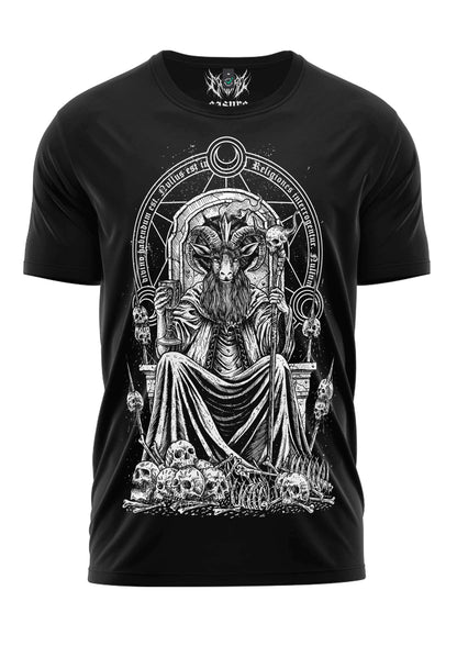 Schwarzes kurzarmshirt mit detailliertem weißem baphomets throne grafikdesign im gothic horror stil