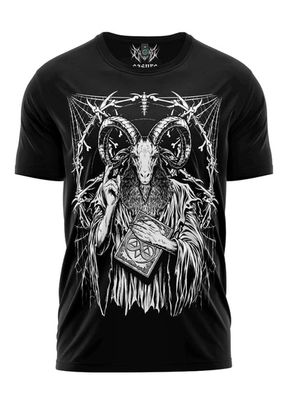 Schwarzes kurzarmshirt mit gothic horror grafik baphomets feast featuring weißen bartgeköpften ziegenkopf und buch