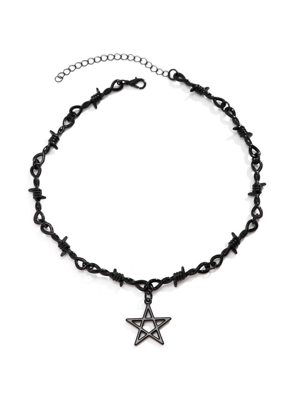 Schwarzer StachelDraht-Choker mit Pentagramm-Anhänger, Metall