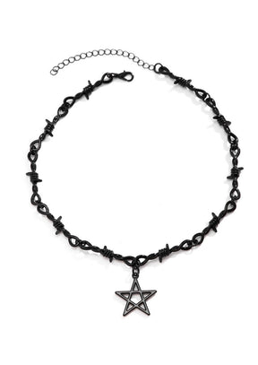 Schwarzer StachelDraht-Choker mit Pentagramm-Anhänger, Metall