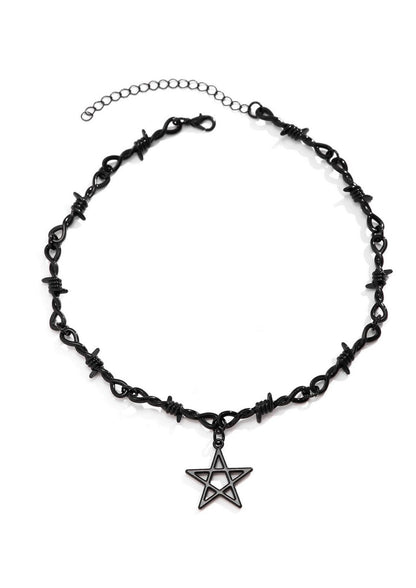 Schwarzer StachelDraht-Choker mit Pentagramm-Anhänger, Metall