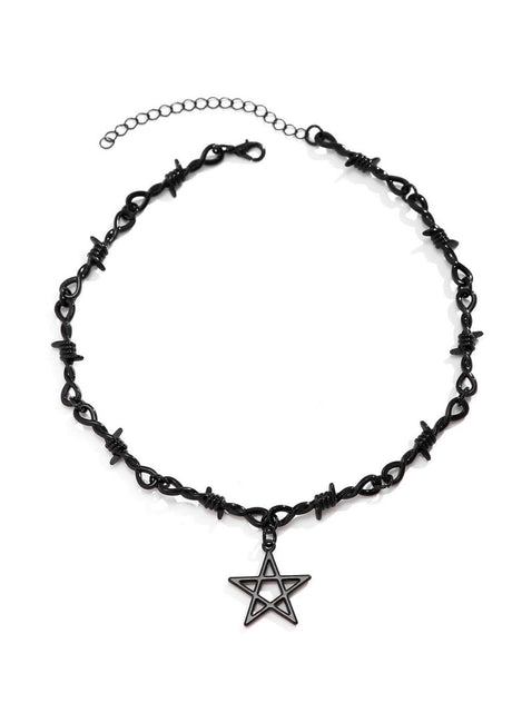 Schwarzer StachelDraht-Choker mit Pentagramm-Anhänger, Metall