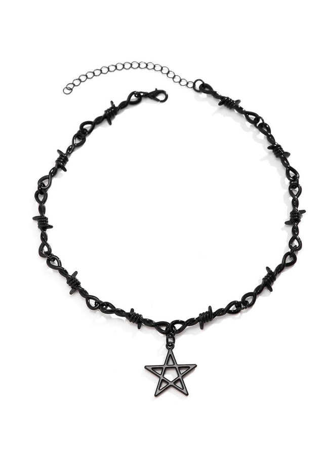 Schwarzer StachelDraht-Choker mit Pentagramm-Anhänger, Metall