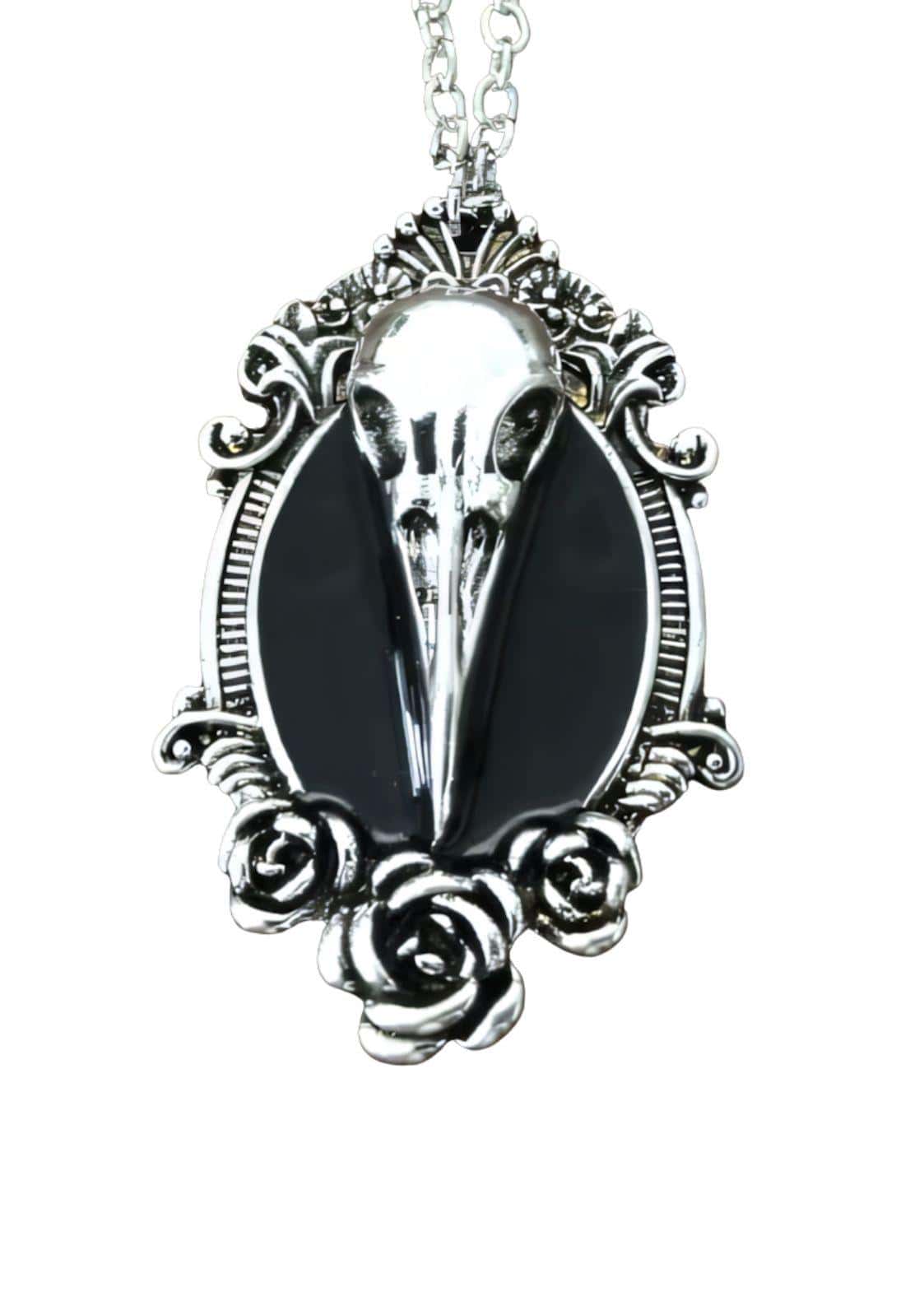 Barock crow skull silberplattierter gotischer plague doctor schädelanhänger mit schwarzem onyx in verziertem ovalrahmen