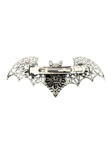 Silberne Fledermaus-Haarklammer BAT FLOWER mit gotischem Metall und Spitze