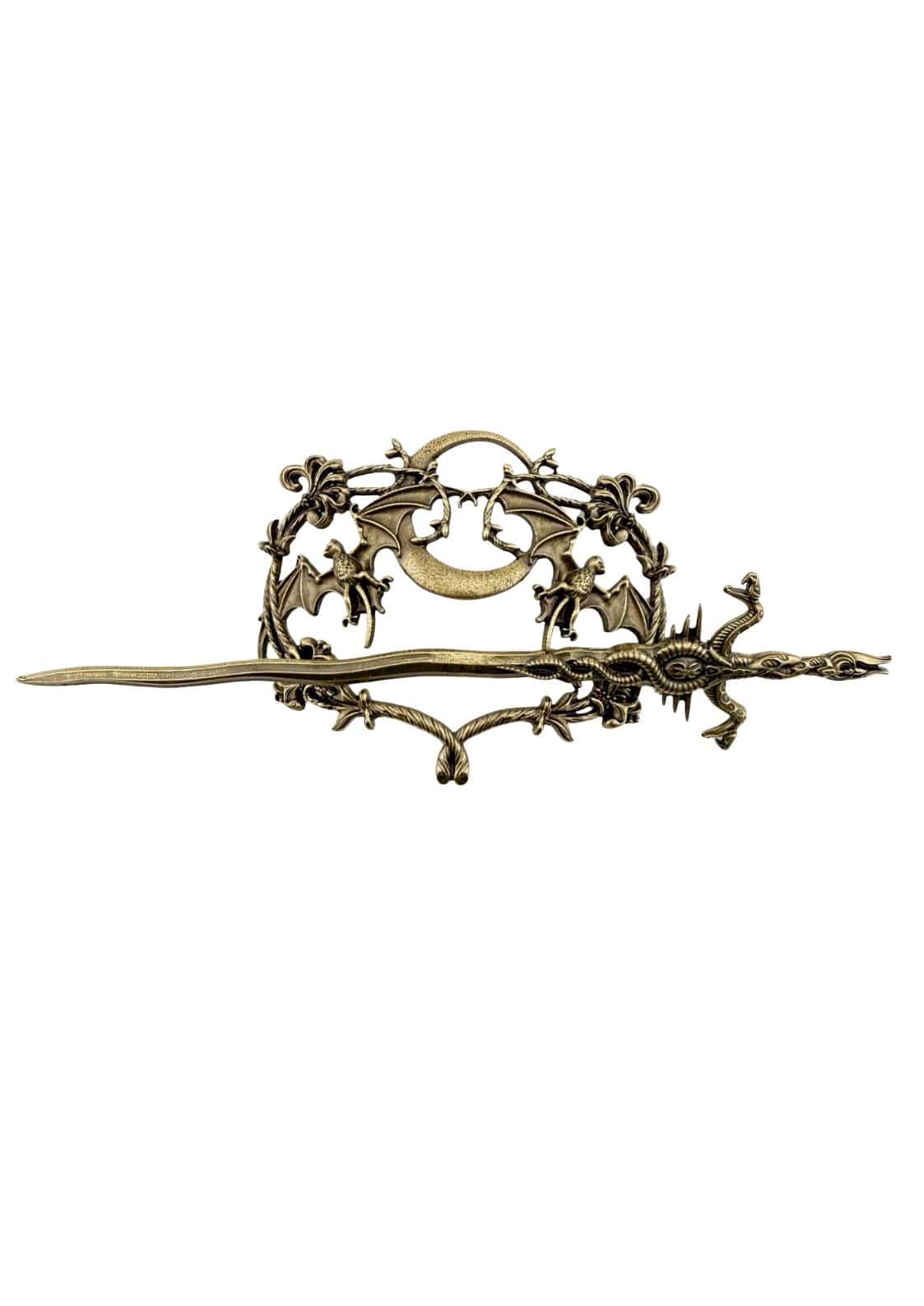 Antike goldoberfläche bat mond elegante haarnadel mit messing drachen schwert brieföffner und floralen details