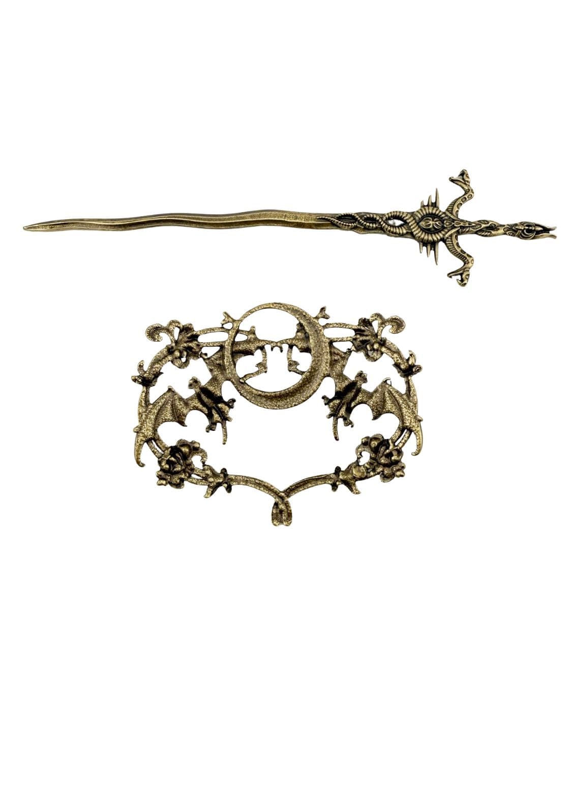 Antikes Messing-Drachen-Haarspange mit aufwendigen floralen und himmlischen Motiven.