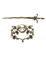 Antikes Messing-Drachen-Haarspange mit aufwendigen floralen und himmlischen Motiven.