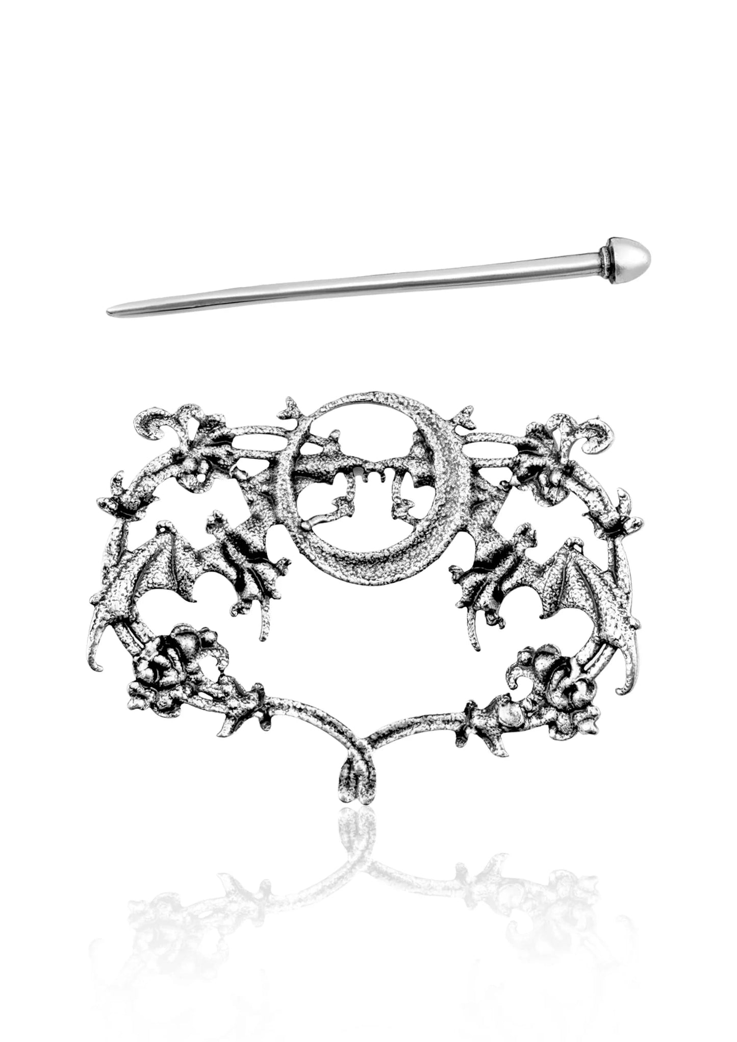 Silberne mystische Haarnadel im gotischen Stil mit Fledermäusen und verschlungenen Ranken