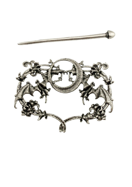 Silberfarbene, aufwendige Haarnadel mit aufwendigen Fledermaus- und Blumenmustern und einem zentralen runden Motiv.