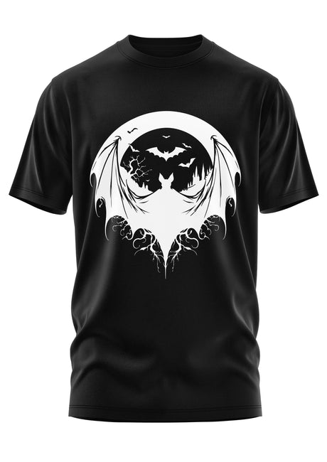 Schwarzes T-Shirt mit einer weißen Fledermaus- und Mondgrafik.