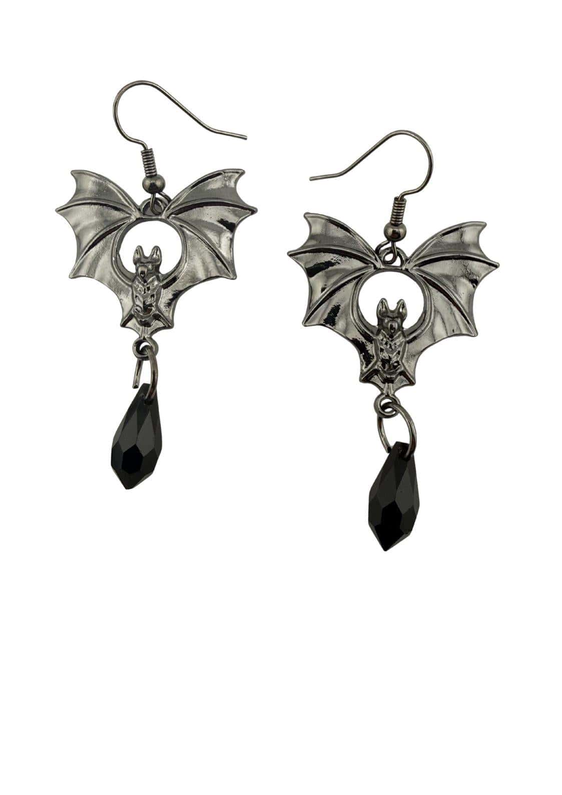 Silberne bat earrings mit schwarzen teardrop charms und black stone für alternative styles