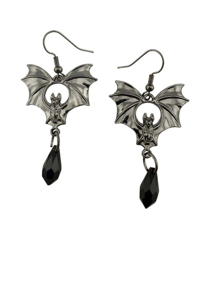 Silberne bat earrings mit schwarzen teardrop charms und black stone für alternative styles