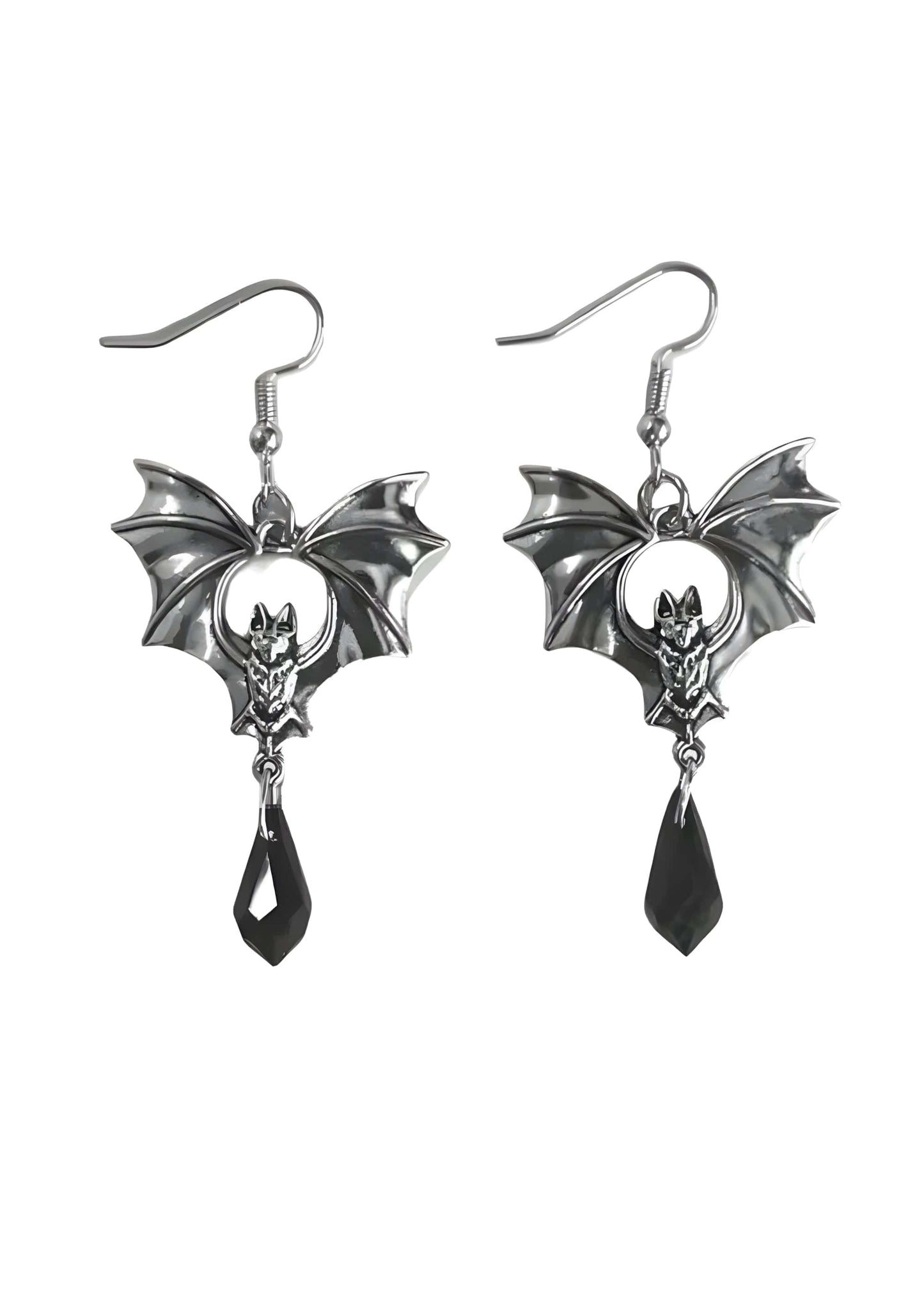 Fledermausflügel-Ohrringe mit schwarzen tropfenförmigen Akzenten, silbernes Metall