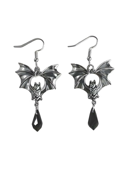 Fledermausflügel-Ohrringe mit schwarzen tropfenförmigen Akzenten, silbernes Metall