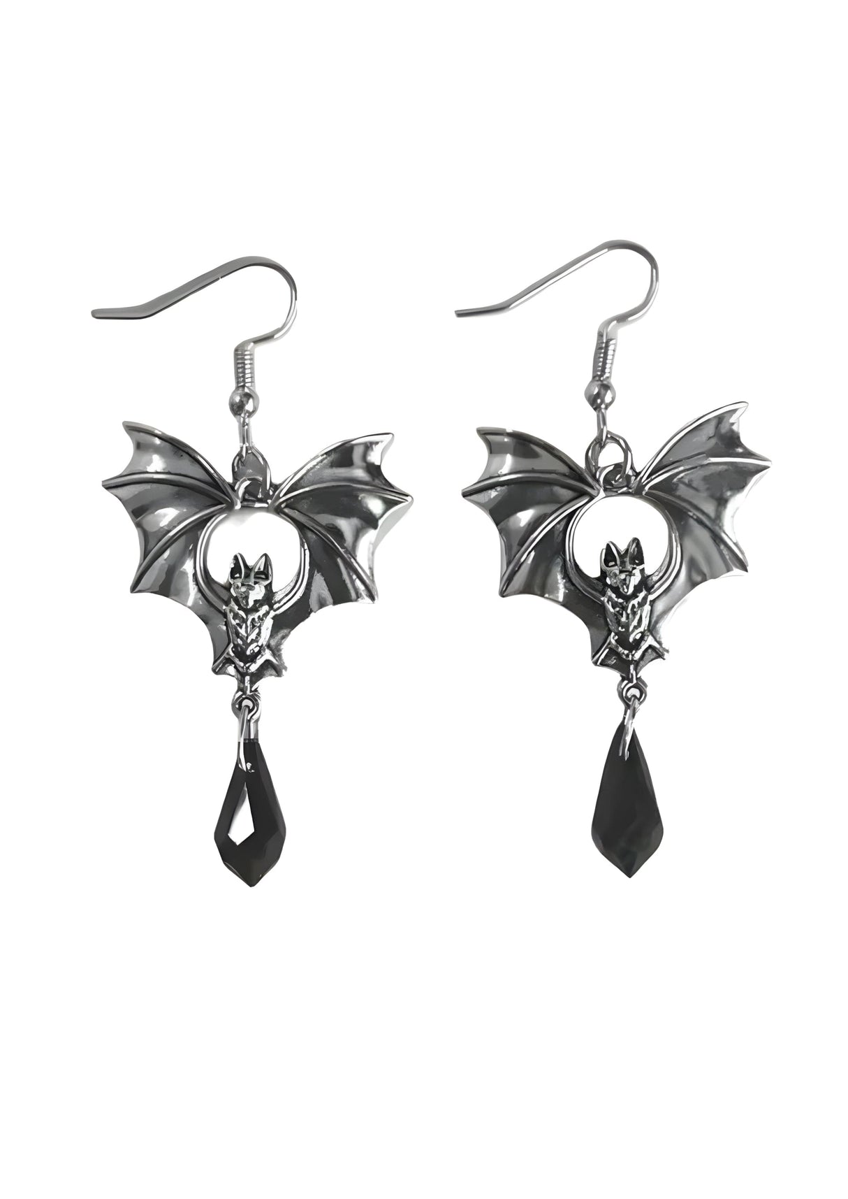Fledermausflügel-Ohrringe mit schwarzen tropfenförmigen Akzenten, silbernes Metall