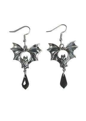 Fledermausflügel-Ohrringe mit schwarzen tropfenförmigen Akzenten, silbernes Metall