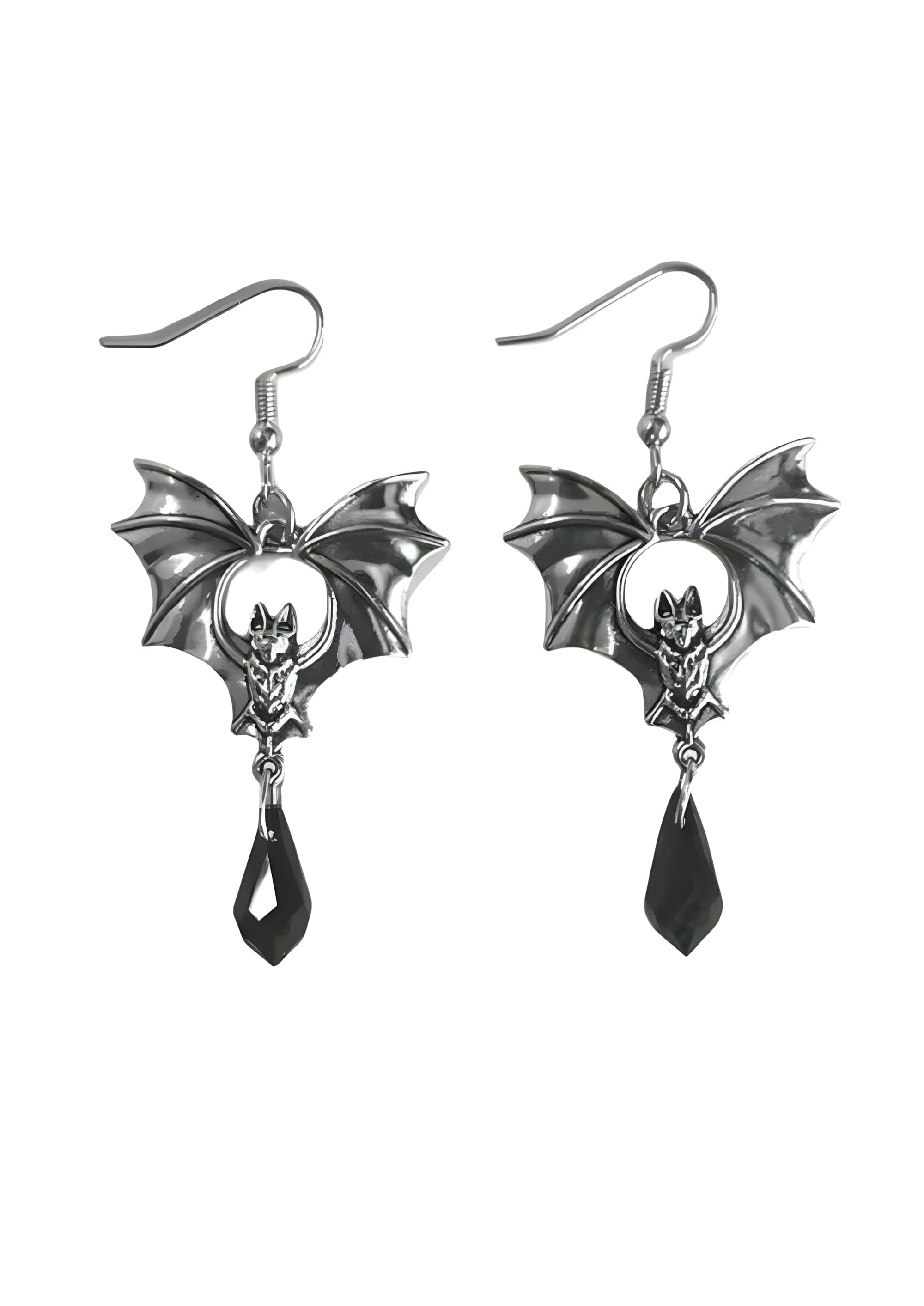 Fledermausflügel-Ohrringe mit schwarzen tropfenförmigen Akzenten, silbernes Metall