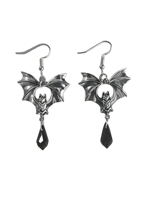 Fledermausflügel-Ohrringe mit schwarzen tropfenförmigen Akzenten, silbernes Metall