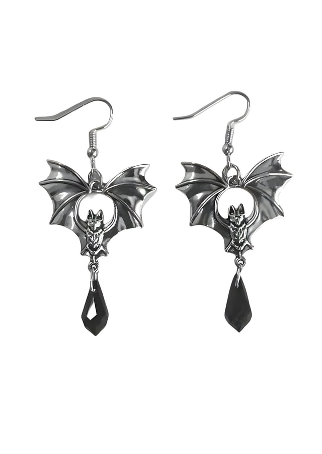 Fledermausflügel-Ohrringe mit schwarzen tropfenförmigen Akzenten, silbernes Metall