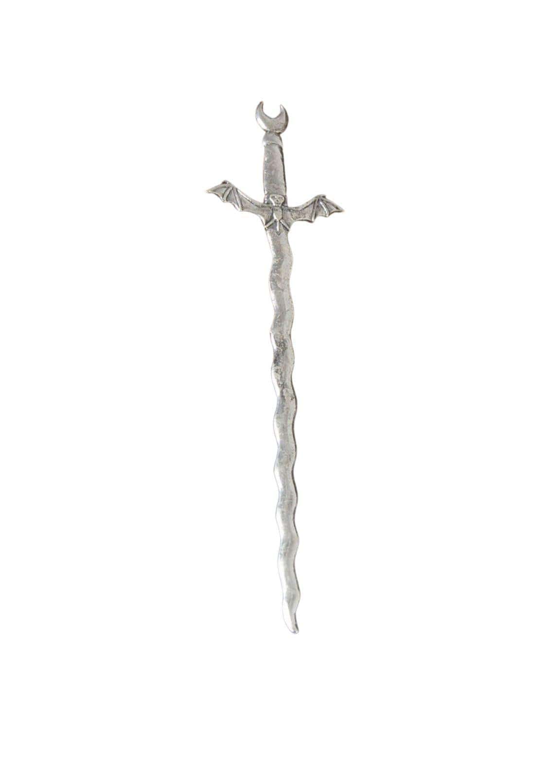 Silberne gothic haarklammer in schwertform mit fledermausflügeln und mondhilt für besondere anlässe