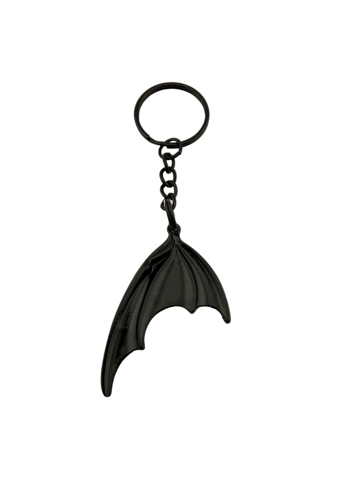 Schwarzer schlüsseanhänger bat wing mit glänzendem metall und dunklem design, ideal für gaia lizensierte kleidung
