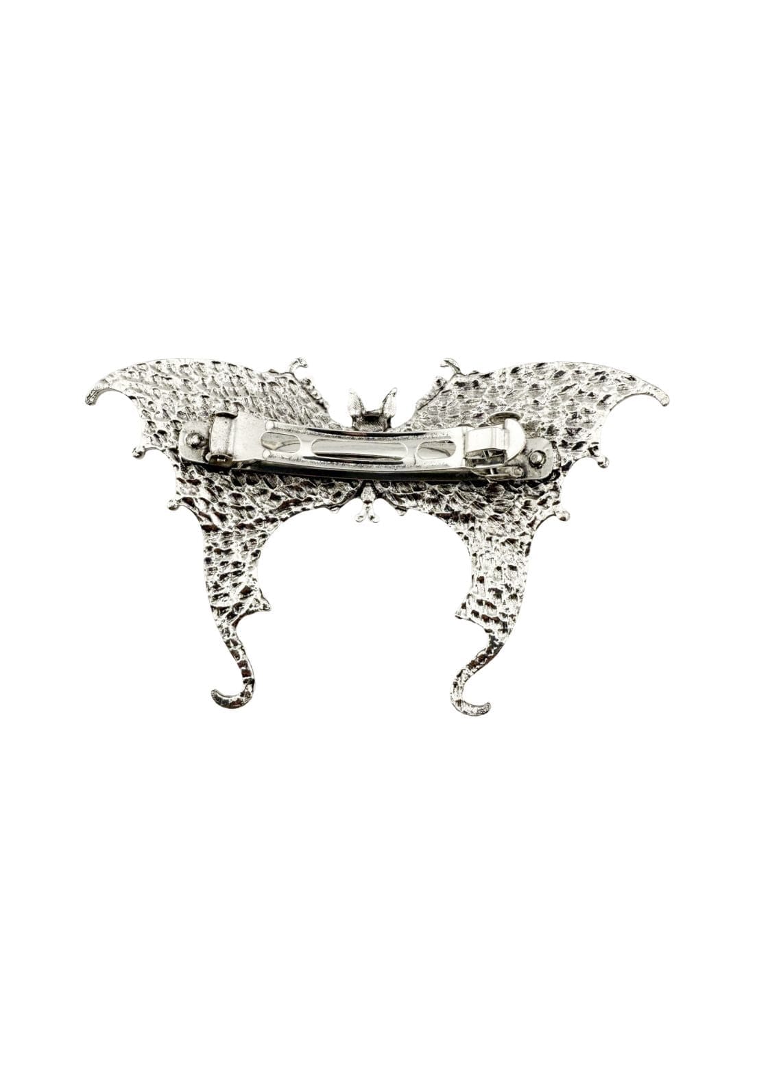 Silberne Schmetterlings-Haarspange mit aufwendiger Verarbeitung und einem klaren Edelstein in der Mitte.