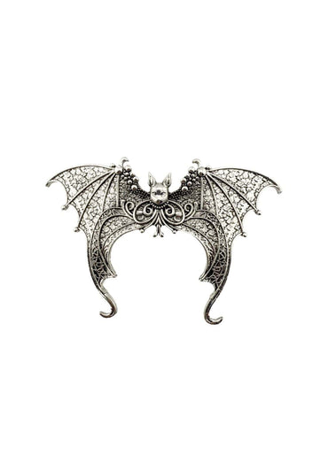 Silberner haarklammer mit bat wings und filigranen spitzenähnlichen details mit kleinem charm für gothic look