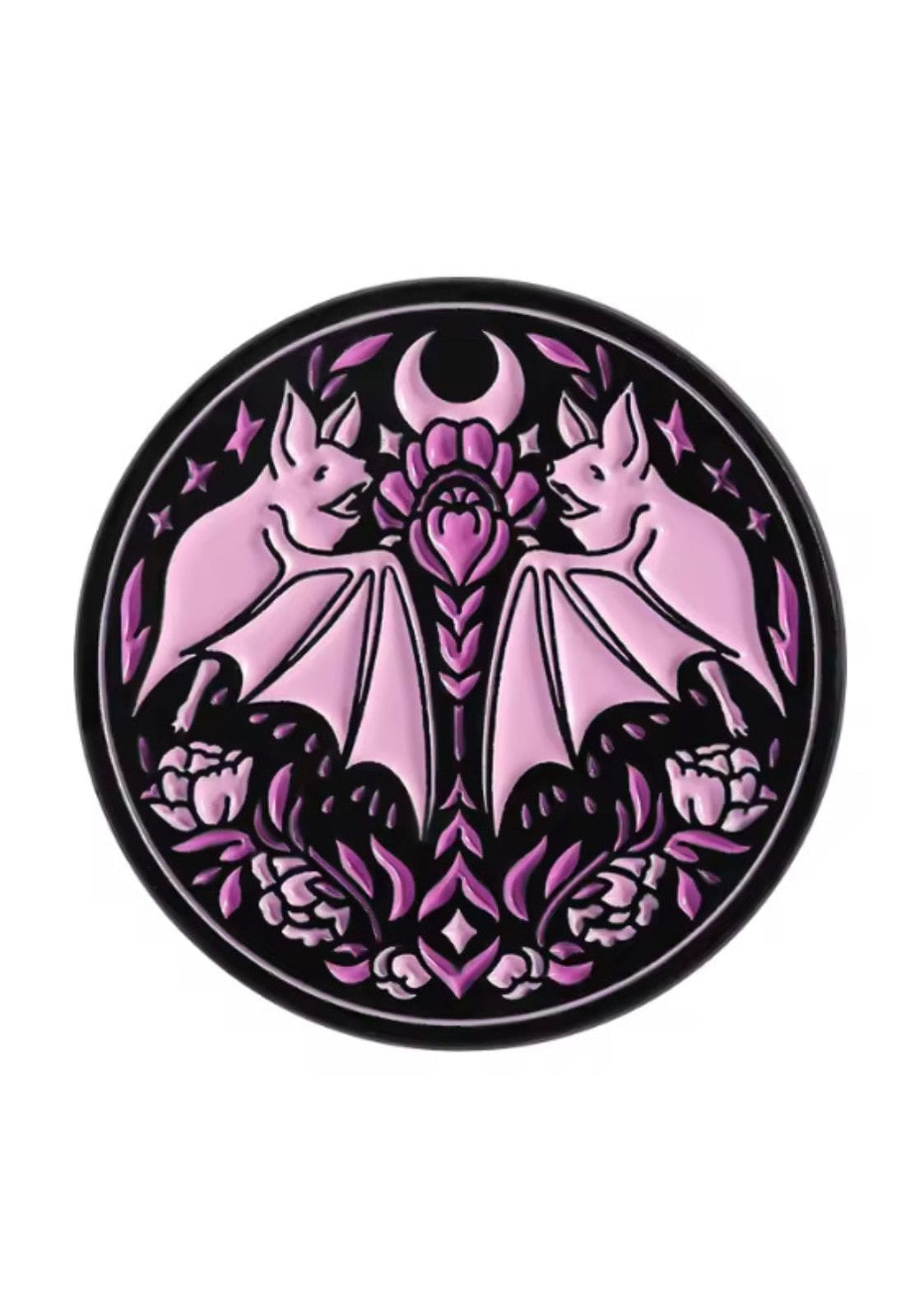 Rosa Emaille-Anstecknadel in Form einer Fledermaus mit violetter Lotusblume und Mondsichelmotiv.
