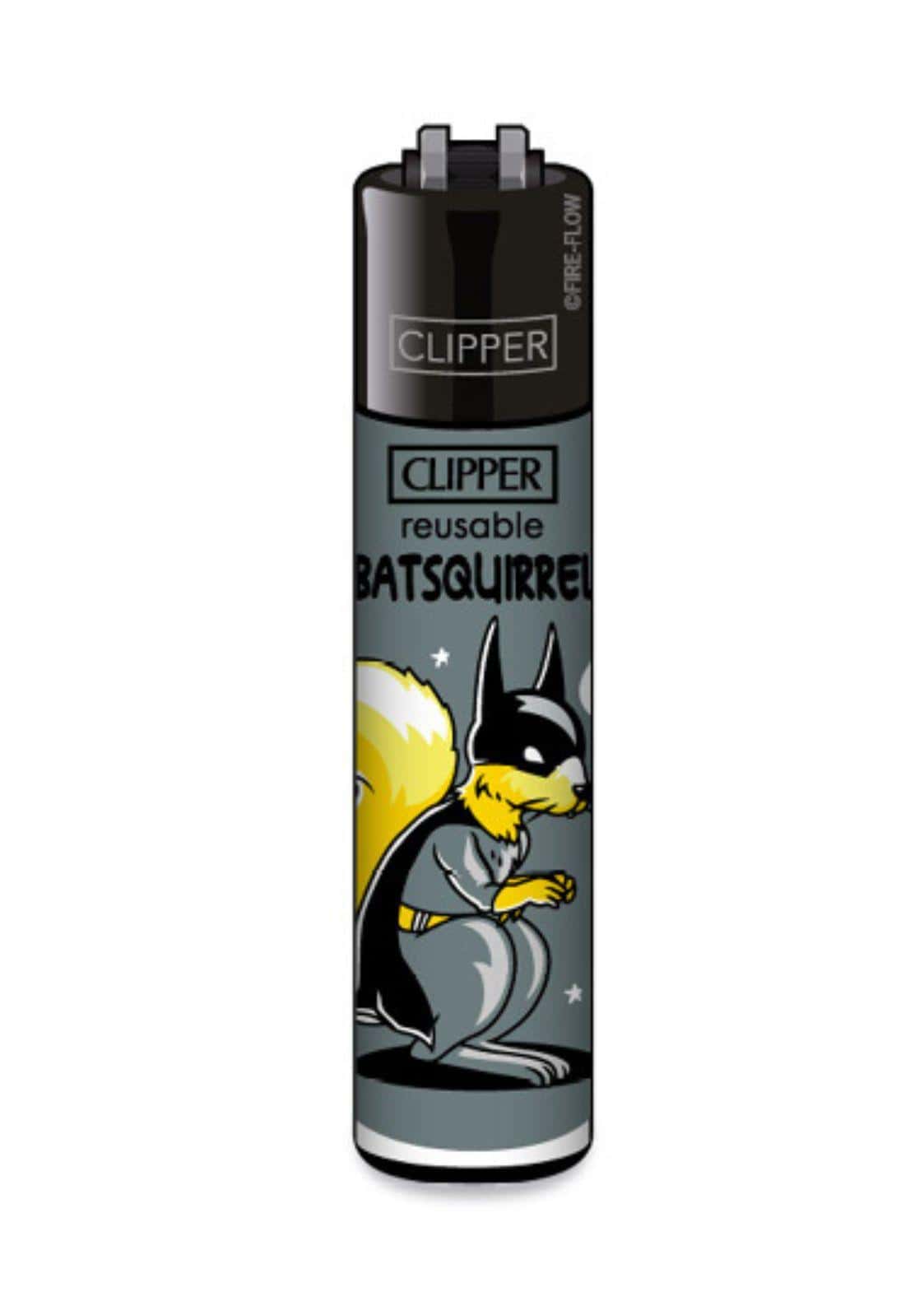 Schwarzes und graues clipper feuerzeug nachfüllbar mit comic batsquirrel in batman-kostüm mit gelbem fell und cape
