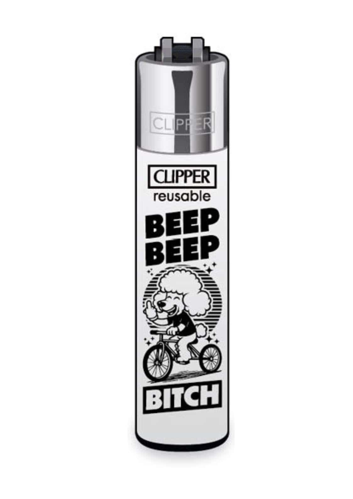 Nachfüllbares clipper-feuerzeug mit soft-touch-oberfläche in silber und weiß mit schwarzem poodle-fahrrad-design