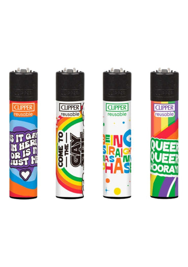 Vier bunte batsquirrel clipper lighter refillable mit comic design und lgbtq slogans being straight was my phase