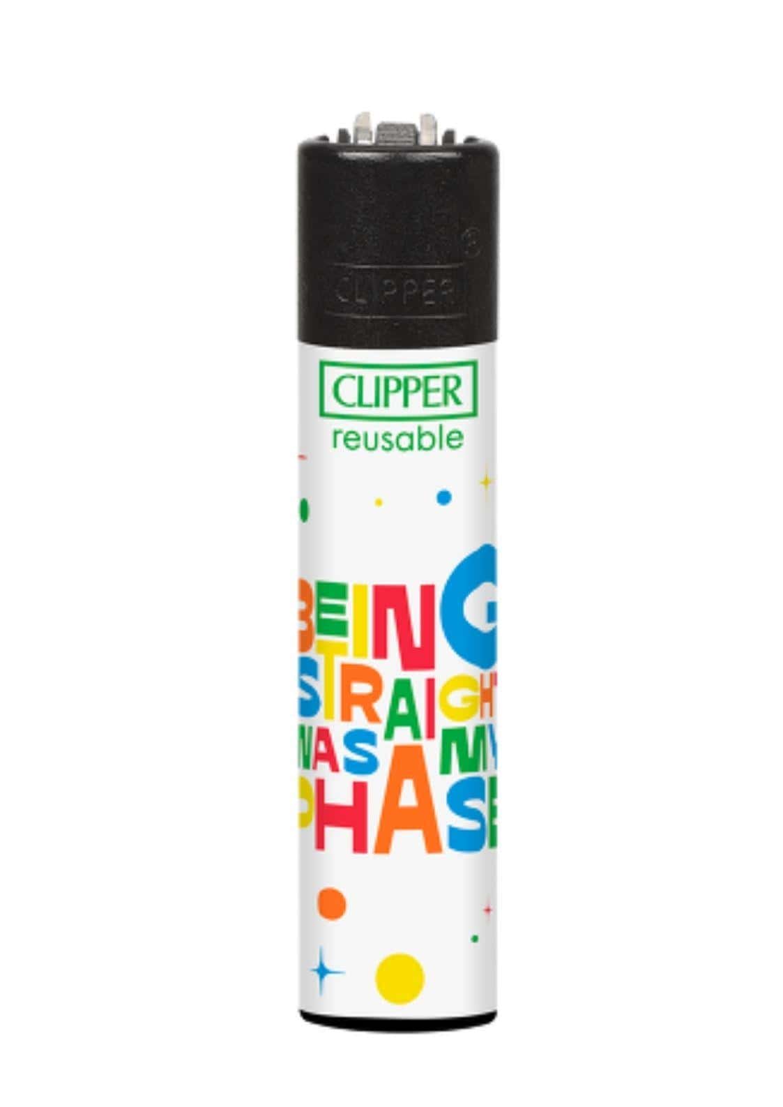 Weißes clipper feuerzeug refillable mit schwarzer ober- und unterseite und buntem rainbow text being straight was my phase im comic design