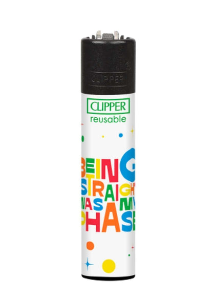 Weißes clipper feuerzeug refillable mit schwarzer ober- und unterseite und buntem rainbow text being straight was my phase im comic design