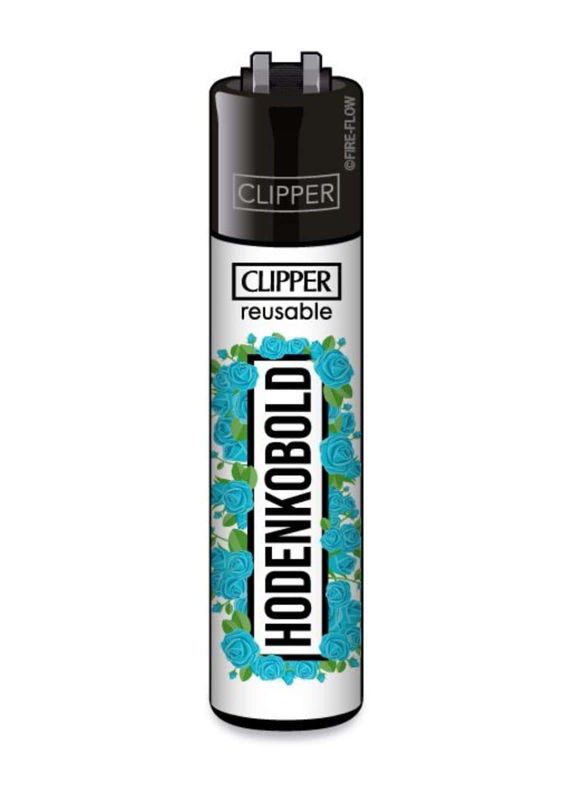 Ein schwarzes und weißes clipper feuerzeug mit blauem blumendesign und hodenkobold text im gothic horror stil