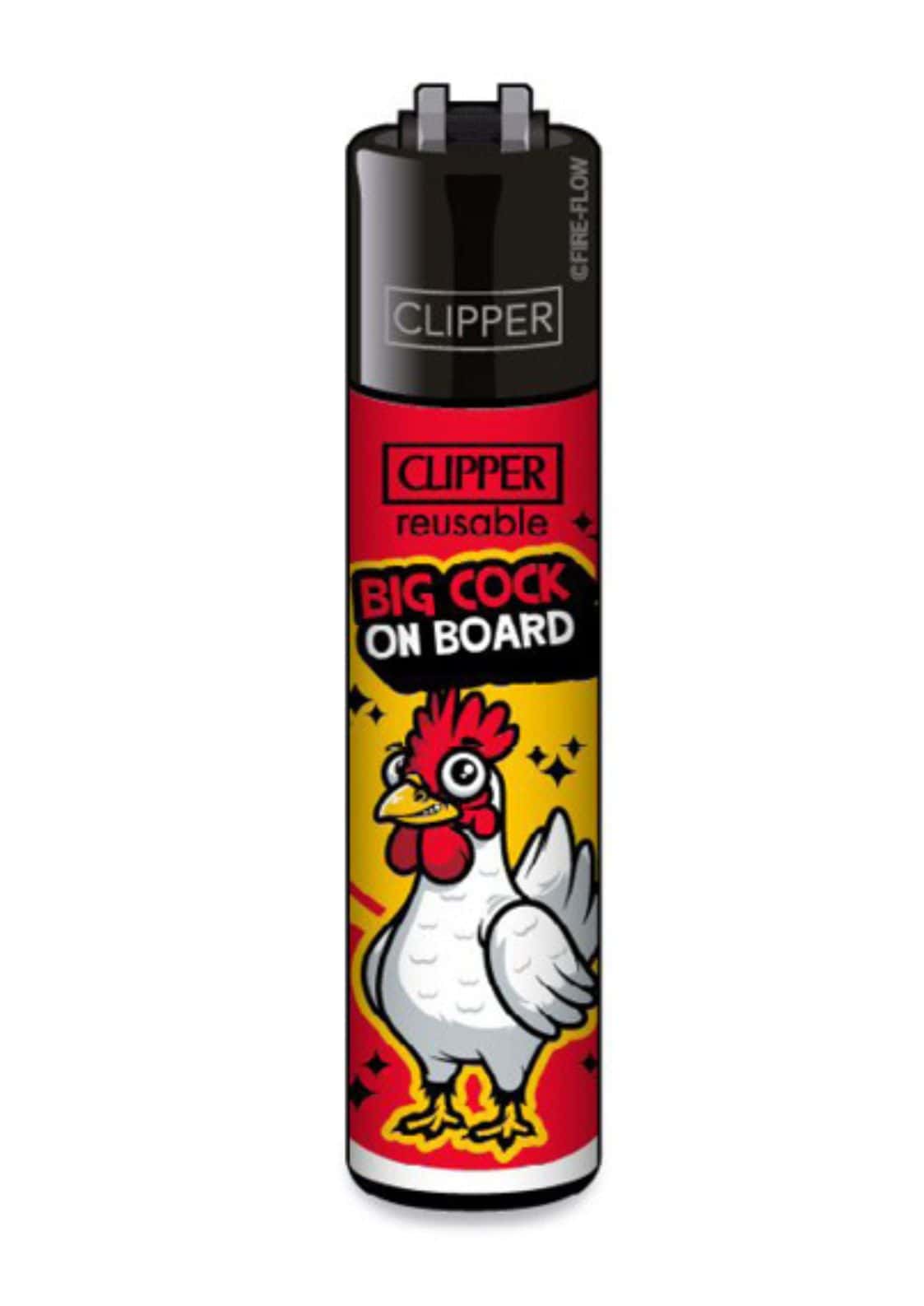 Schwarzes und rotes clipper lighter mit cartoon-hahn und big cock on board text, perfekt für den alltag